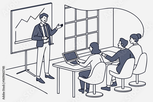 Businessman gives a speech to attentive team in conference room, presenting ideas in a corporate setting with shared focus and leadership, modern flat illustration style