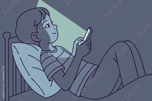 Child lies in bed late at night, eyes glued to smartphone screen, playing games and watching videos under dim lighting, showing screen addiction, modern flat illustration style