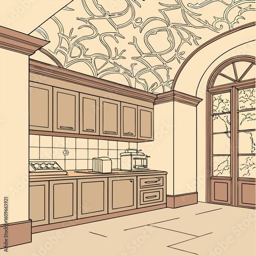 Illustration of a kitchen interior with cabinets, countertops, appliances, and patterned ceiling design