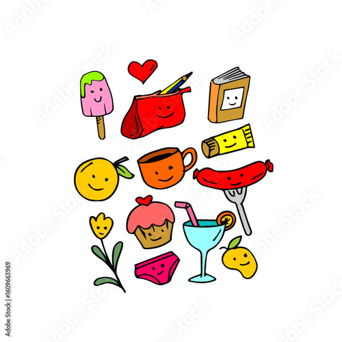 Cute kawaii doodle set of icons and elements with objects