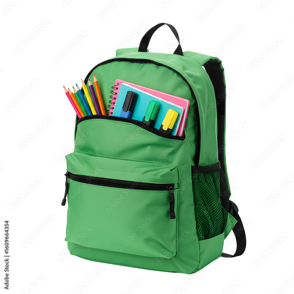 A vibrant green backpack stuffed with colorful pencils and a notebook, ready for school, isolated on white or transparent background. PNG A vibrant green backpack stuffed with colorful pencils and a notebook, ready for school, isolated on white or transparent background. PNG