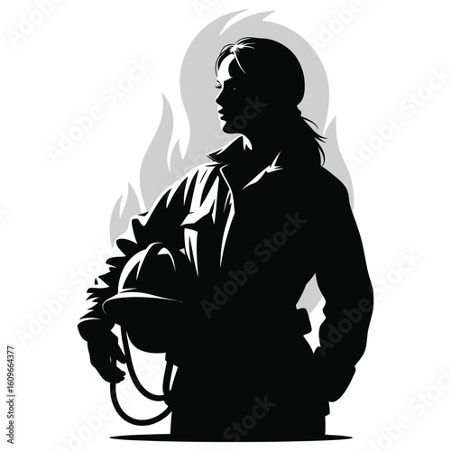 Silhouette of female firefighter standing strong with helmet under arm in empowerment pose, black and white