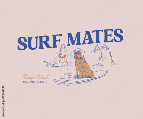 Canvas Print Dog and girl surfing together, Retro vintage surfing design with typography, Sum