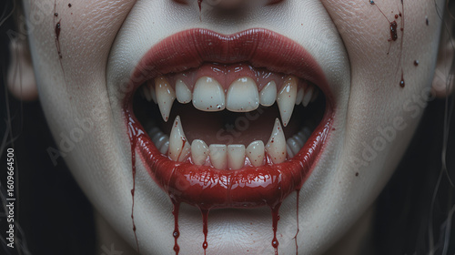 Vampire mouth with fangs and dripping blood
