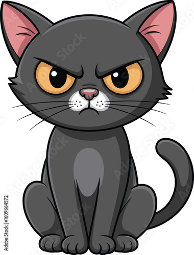 Cartoon illustration of angry black cat with yellow eyes sitting, perfect for Halloween, pets, emotions, humor, comics, children, and animation designs