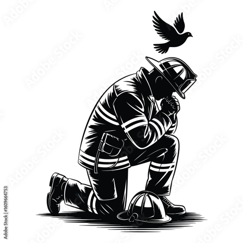 Silhouette of firefighter kneeling in prayer with helmet on ground, tribute concept black and white vector