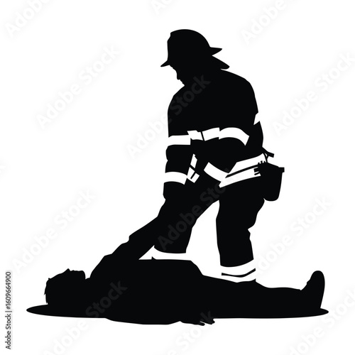 Silhouette of firefighter lifting unconscious person in heroic act, black and white vector art