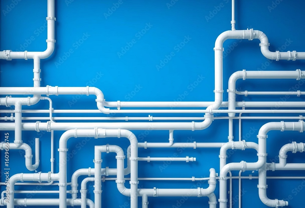 Horizontal seamless pattern of white industrial pipes on blue background ,  supply,  clean