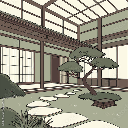 Serene luxury indoor garden with minimalist japanese design elements featuring lush plants and tranquil ambiance