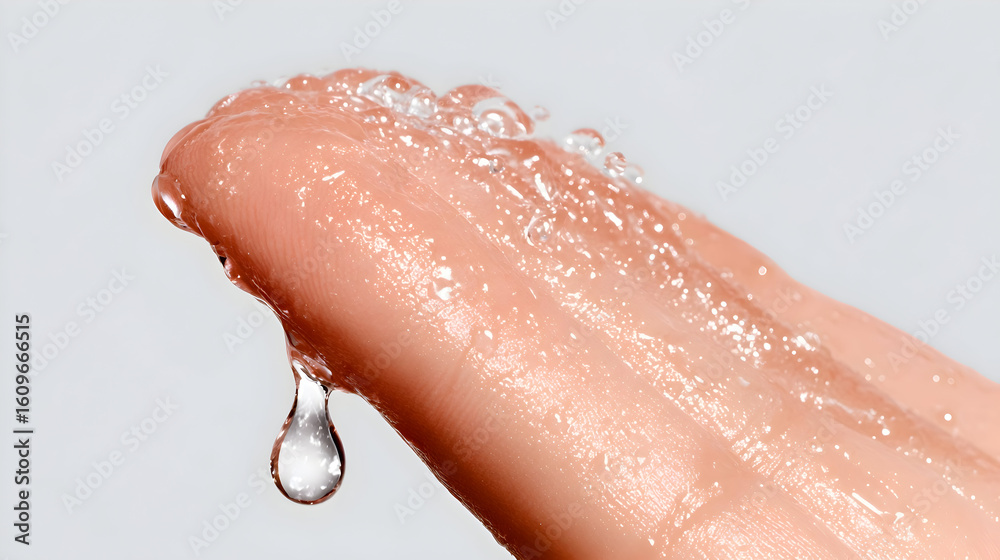 Fototapeta premium Close-up of wet finger with water droplet. Clean, fresh, and hydrating mood. Ideal for skincare, moisture concepts, and beauty advertising.
