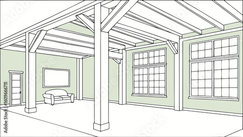 Interior view of a spacious room with exposed wooden beams, large windows, and a comfortable sofa set