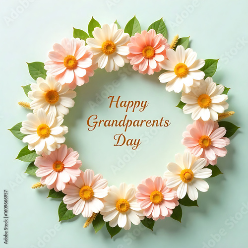 Beautiful floral wreath with happy grandparents day greeting