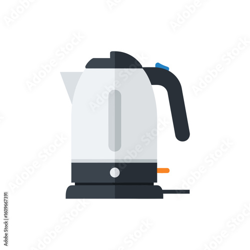 White electric kettle with black base and handle on a white background.