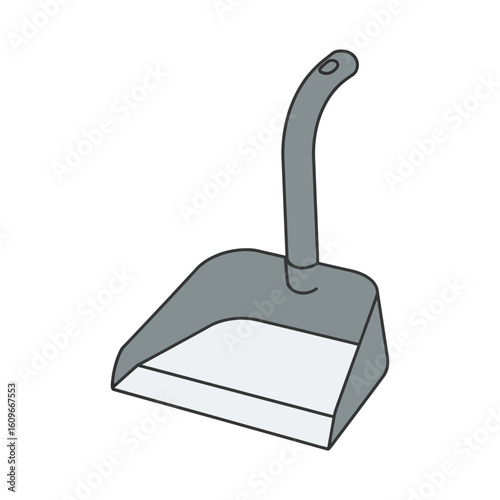 Gray plastic dustpan with handle isolated on white background.