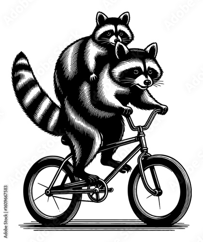 Two Raccoons Riding Tandem on a Bicycle in Vintage Engraving Style Black and White Outline Line Art Drawing