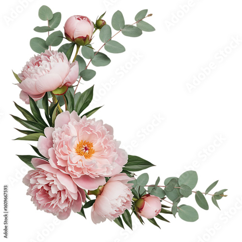 Elegant corner arrangement of delicate pink peonies and eucalyptus leaves isolated on transparent background