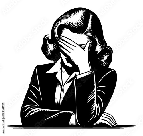 Stressed Vintage Business Woman with Facepalm Gesture Black and White Outline Line Art Drawing