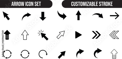 Arrow icon set, customizable stroke, vector, illustration