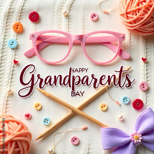 Happy grandparents day with knitting supplies and pink glasses