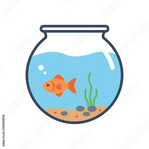 A goldfish swims in a round fishbowl with water sand and plants.