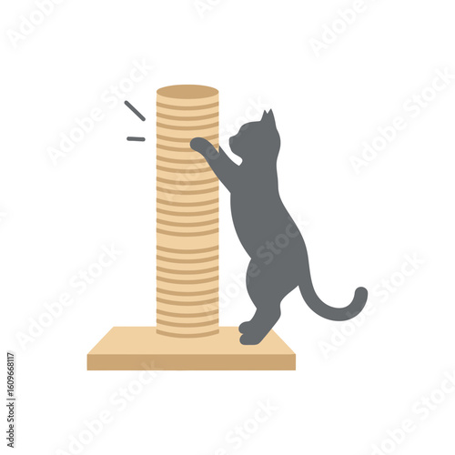 Cat silhouette scratching a beige scratching post on a light background.