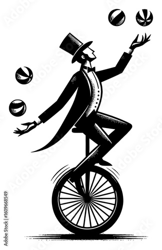 Juggler Man with Balls on Unicycle in Top Hat Formal Suit Black and White Outline Line Art Drawing Side View