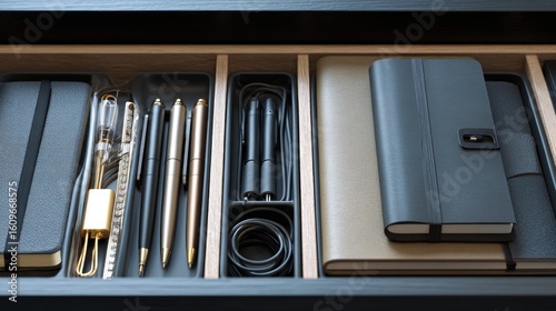 Organized Office Drawer: Pens, Notebooks, and Accessories