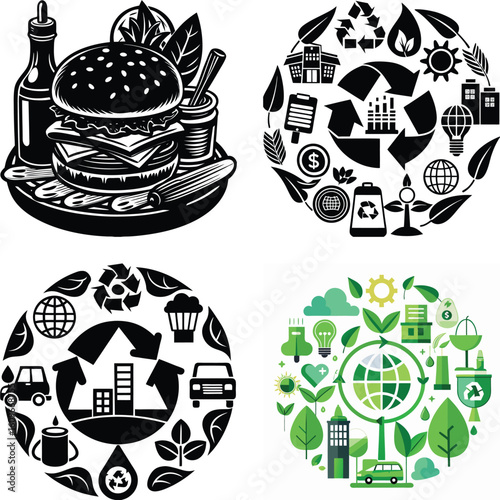 Green eco house and ecology icon set with various real estate, building, and architectural symbols for environmental illustration and design