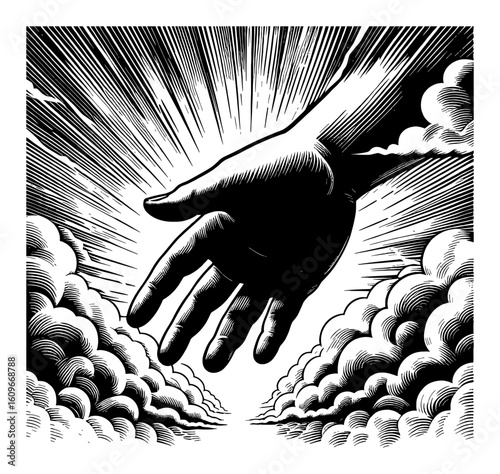 Divine Hand Coming Down from Sky through Bright Clouds Black and White Outline Line Art Drawing