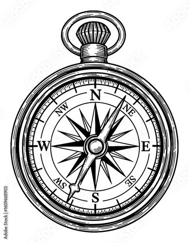 Vintage Pocket Compass Navigation Tool Black and White Outline Line Art Drawing for Exploration Travel Adventure