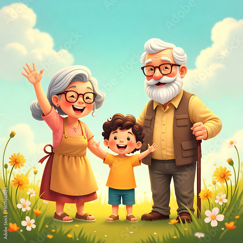 Happy grandparents and grandchild enjoying a sunny day outdoors