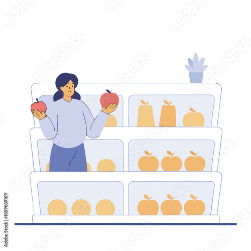 A woman thoughtfully chooses between two apples while standing in front of a brightly lit produce display filled with various fruits