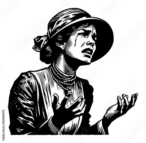 Vintage Woman with Anguished Gesture and Expression Crying Black and White Outline Line Art Drawing