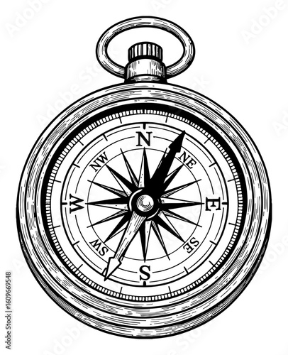 Detailed Classic Vintage Pocket Compass Navigation Instrument Black and White Outline Line Art Drawing Guide
