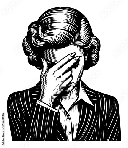Vintage Business Woman with Facepalm Gesture Expressing Frustration and Disappointment Black and White Outline Line Art Drawing