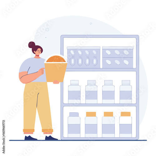 Young girl holding popcorn while shopping in grocery store and mall environment