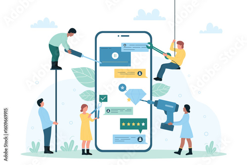Mobile app development, programming vector illustration. Cartoon tiny developers create functional UI for smartphone application, engineers build online software on huge phone screen together