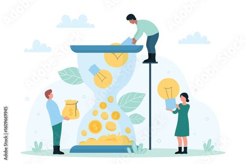 Monetization of ideas, company development strategy vector illustration. Cartoon tiny employees work, throw many glass light bulbs in hourglass, fast conversion of lamps into cash money coins