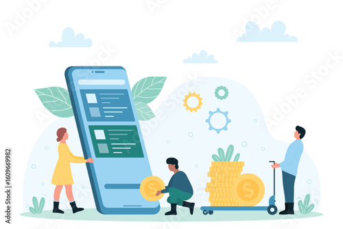Money transfer, payment using mobile phone app vector illustration. Cartoon tiny people send cash money and pay online from screen of smartphone with credit cards, transaction with digital wallet