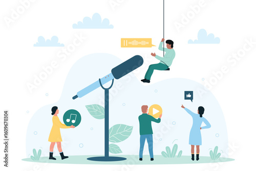Online radio podcast production, music show, interview and live broadcasting for audience vector illustration. Cartoon tiny people record and listen digital audio sound near big radio microphone
