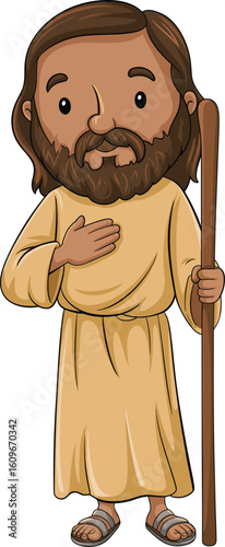 Cartoon illustration of biblical man with robe and staff, religious character, spiritual costume, Christian figure, animated faith icon, holy shepherd image