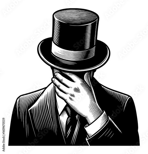 Vintage Businessman with Top Hat Performing Facepalm Gesture Black and White Outline Line Art Drawing