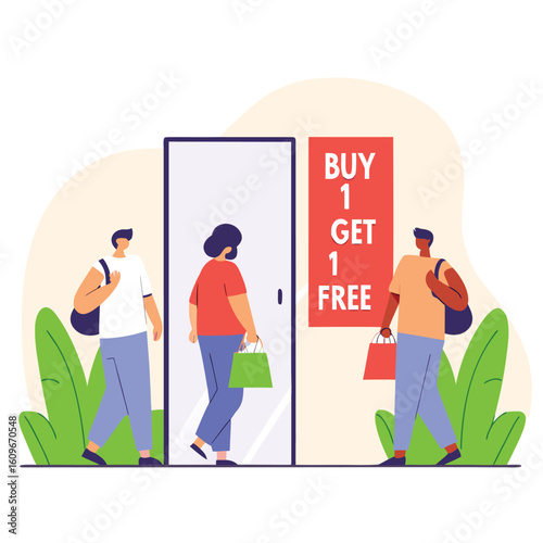 Buy 1 get 1 free People entering a store with a prominent buy one get one free sign displayed on the wall promoting a special offer