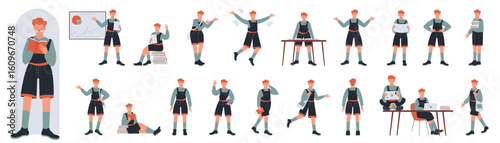 Male student character poses in side, front and back view set vector illustration. Cartoon young guy with glasses sitting with laptop, books or tablet to study, prepare to exam isolated on white