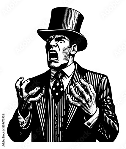 Businessman wearing a top hat showing anguished expression and desperate gesture Black and White Outline Line Art Drawing