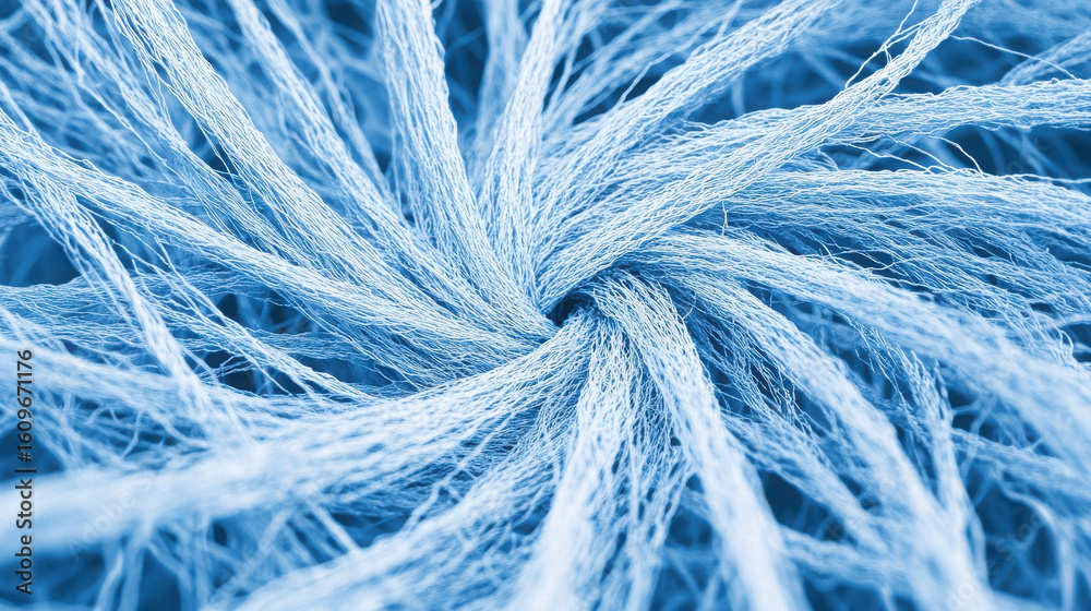 Obraz premium Close up of blue knitted yarn forming abstract fiber texture. Macro view of intertwined fabric threads, weaving textile material.