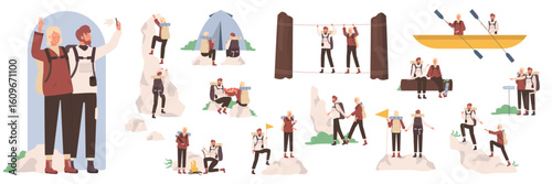 Couple of tourist characters showing different poses and gestures set vector illustration. Cartoon bearded man and woman campers hiking, climbing with flag, camp adventure of people isolated on white