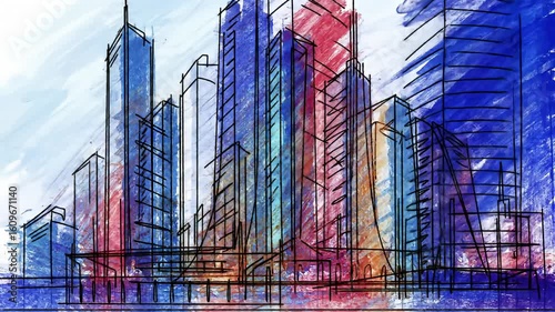 Cityscape depicted in a sketchy, watercolor style, with tall buildings and bright colors