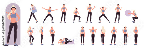 Female active sport trainer poses set in front, side and back view vector illustration. Cartoon active woman doing healthy aerobic exercises or pilates in gym, stretch training isolated on white