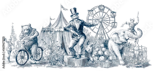 Engraving Style Circus Scene with Ringmaster Bear on Bicycle and Elephant Showcasing a Vintage Performance